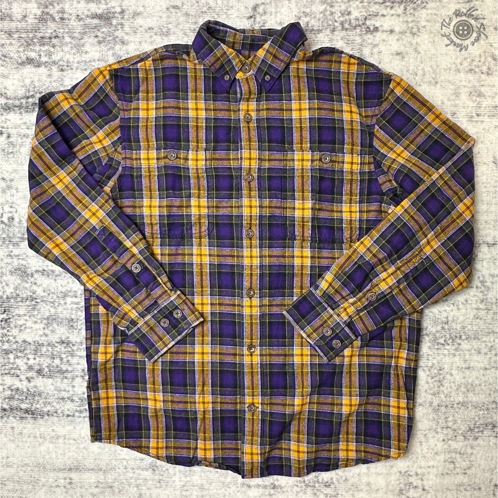 Duluth Trading Co Flannel Shirt Men's Medium Purple Gold Plaid Relaxed Fit
